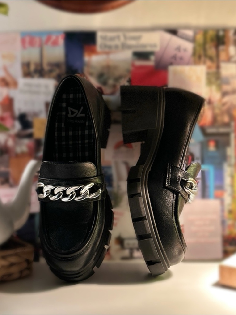 Dirty Laundry Black Leather-Look Loafers with Silver Chain Accent